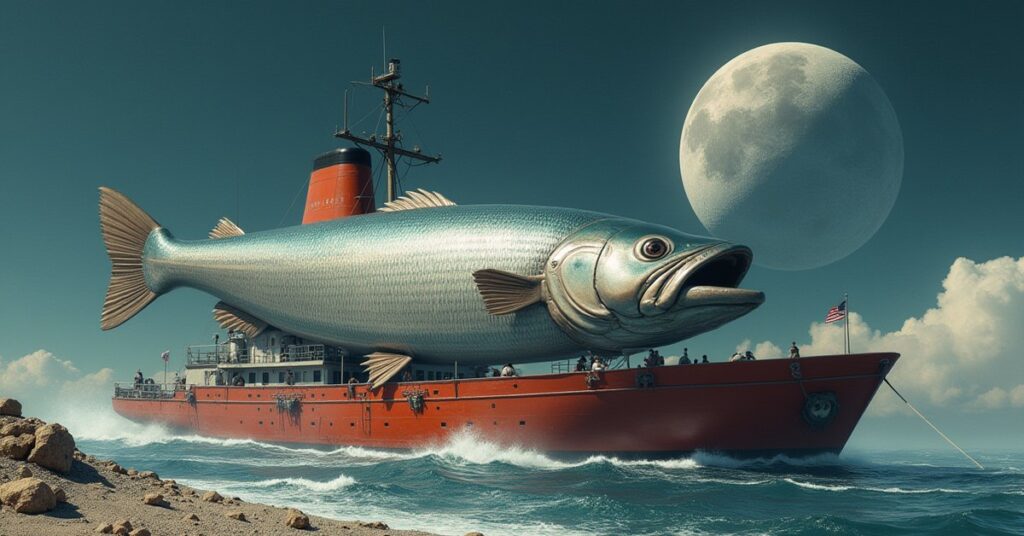 A giant space pike trophy aboard a trawler above a shanty moon in Star Trek Fleet Command