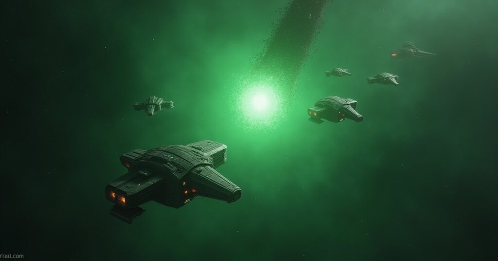 An allied fleet facing a Borg probe and assimilated warships in Star Trek Fleet Command