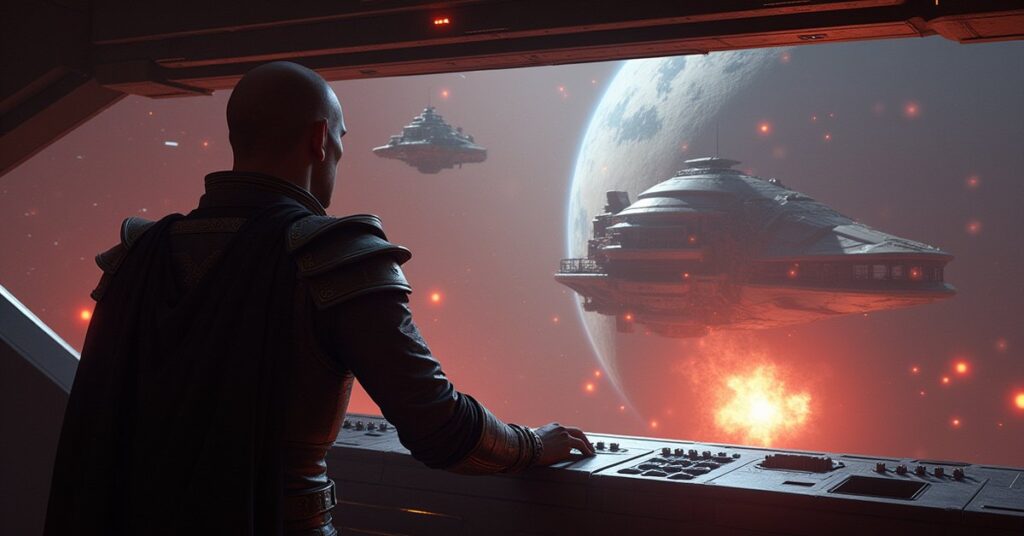 Mercenary ships dueling a starship while a Cardassian command ship watches in Star Trek Fleet Command