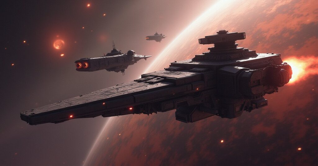 An outlaw starship approaching a guarded trader convoy at a space exchange in Star Trek Fleet Command