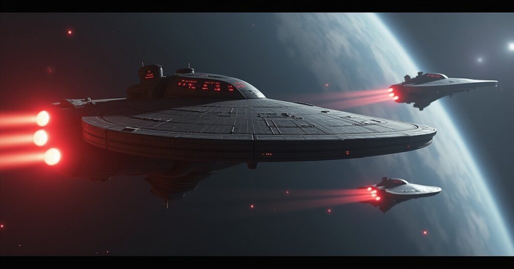 A Romulan warbird chasing a Klingon cruiser across a nebula in Star Trek Fleet Command