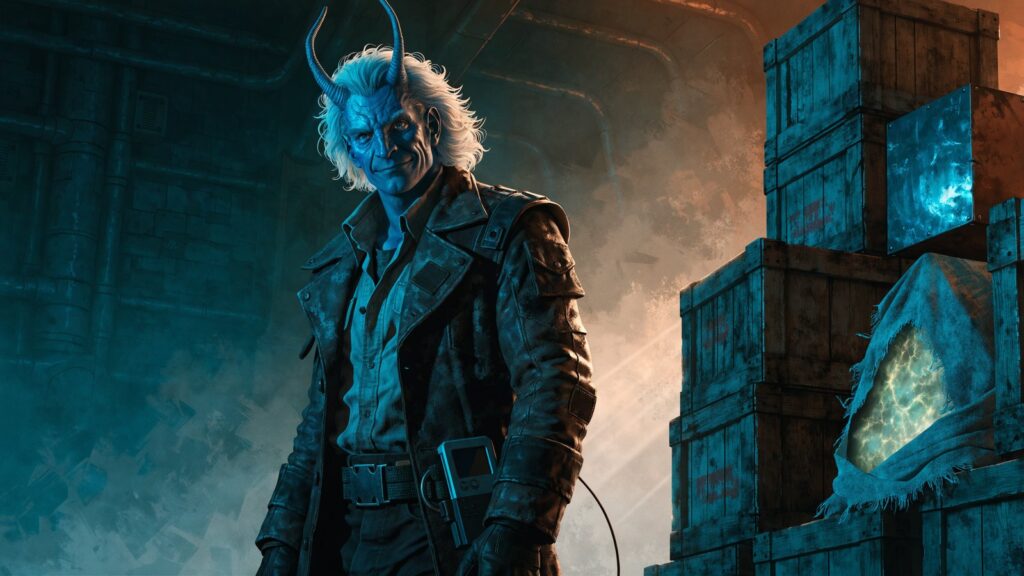 Toryn, the Andorian Independent officer from Star Trek Fleet Command, in the cargo hold of his ship