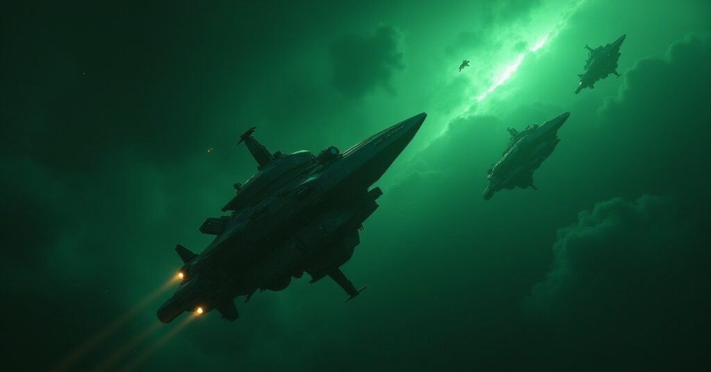 A Romulan warbird guarding cargo freighters along a trade route in Star Trek Fleet Command