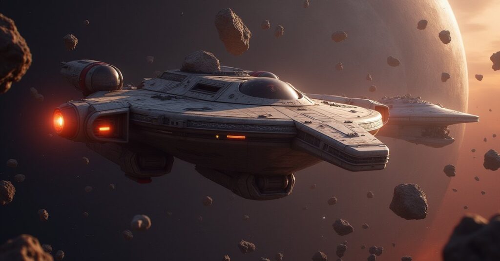 A battered starship fleeing a pursuing Starfleet vessel through an asteroid field