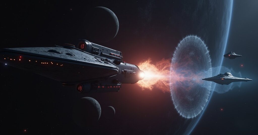 An alien research ship launches a probe into a rippling space distortion in Star Trek Fleet Command