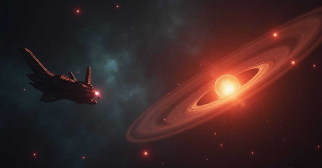 A glowing alien object in space with a Klingon warship and an explorer ship nearby in Star Trek Fleet Command