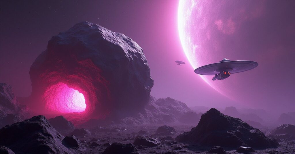 A mining ship drilling a shimmering Transogen asteroid as the Enterprise waits nearby in a nebula