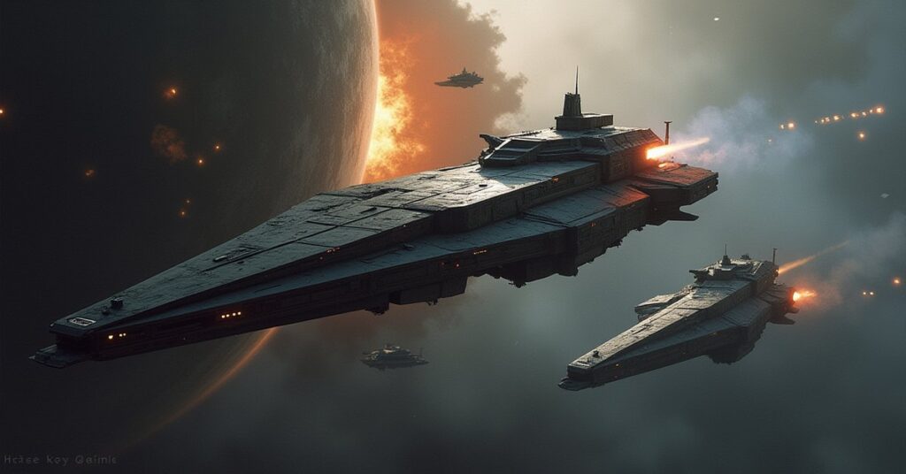 A starship defending an outpost as transports escape in Star Trek Fleet Command