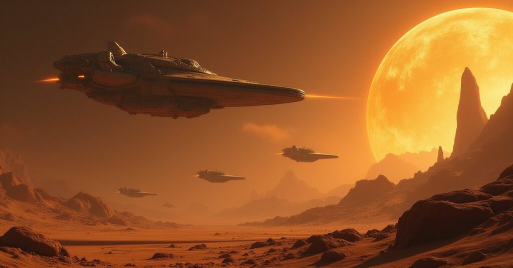 A starship scanning a desert moon where a hidden Ferengi vault glows with gold-pressed latinum