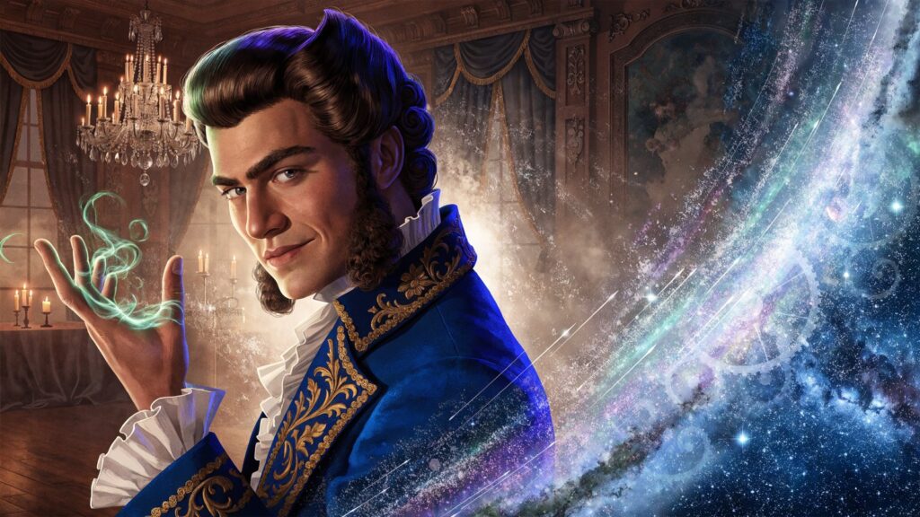 Trelane, the Squire of Gothos, in eighteenth-century dress with energy in his hand, Star Trek Fleet Command officer art