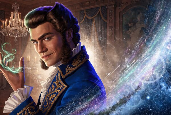 Trelane, the Squire of Gothos, in eighteenth-century dress with energy in his hand, Star Trek Fleet Command officer art