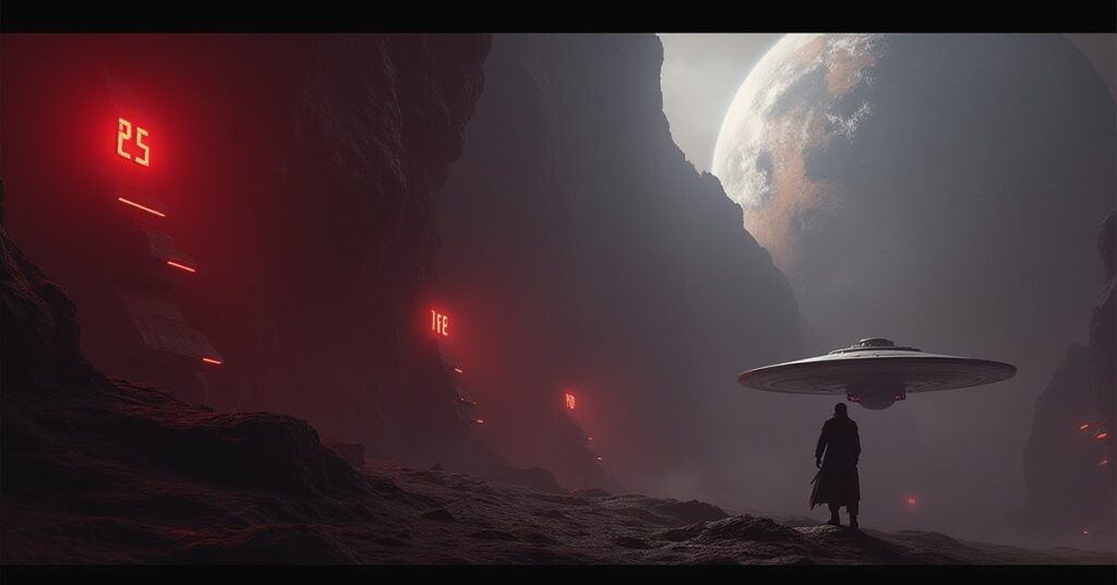 A starship slipping past a Klingon border station toward a pulsing signal in Star Trek Fleet Command