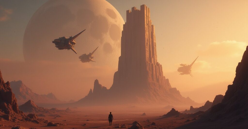 An alien monolith on a barren moon with three starships approaching in Star Trek Fleet Command