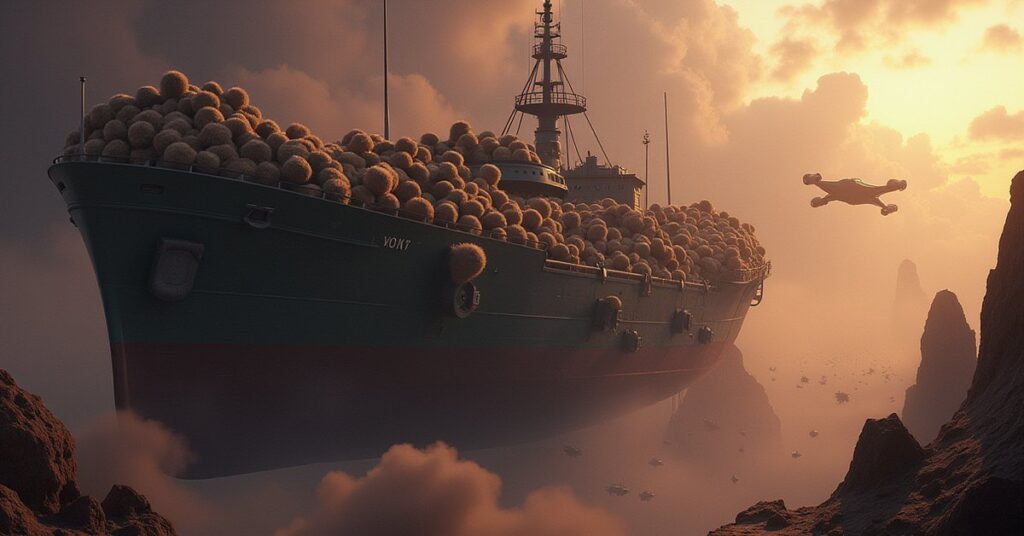 A freighter overflowing with tribbles drifting near a colony in Star Trek Fleet Command