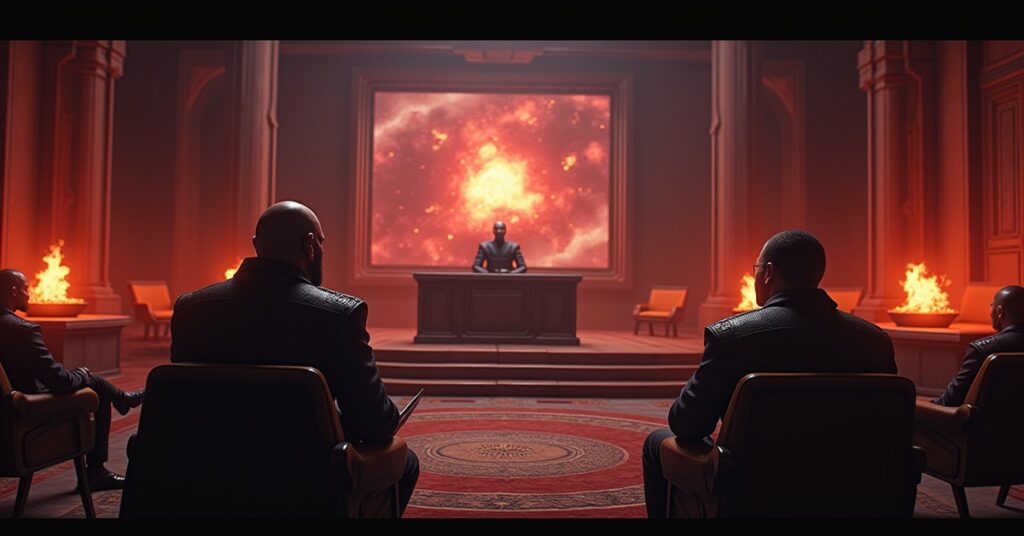A Klingon advocate addresses a stern judge in a tribunal chamber as a viewscreen shows an exploding asteroid