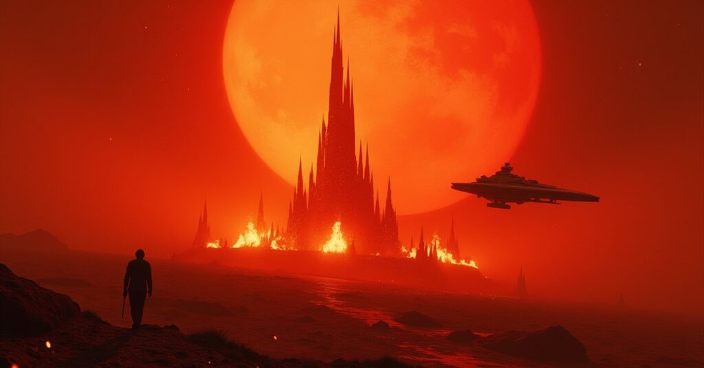 A burning Klingon colony on a red planet as a lone starship flees the system under fire