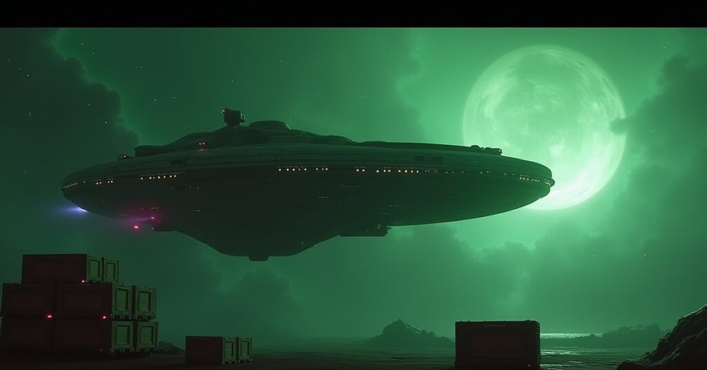 A Romulan ship loading weapon crates from an arms dealer's station near a nebula in Star Trek Fleet Command