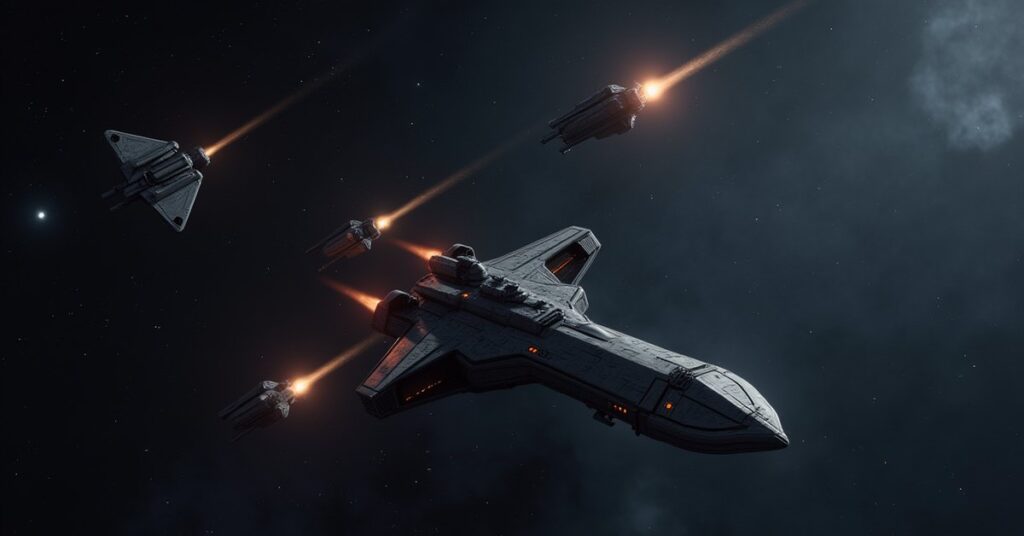 Three fugitive ships scattering from a pursuing starship in Star Trek Fleet Command