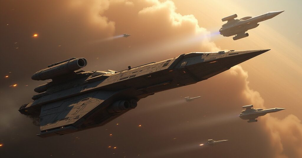 A Federation starship battling Suliban vessels near a hazy planet in Star Trek Fleet Command