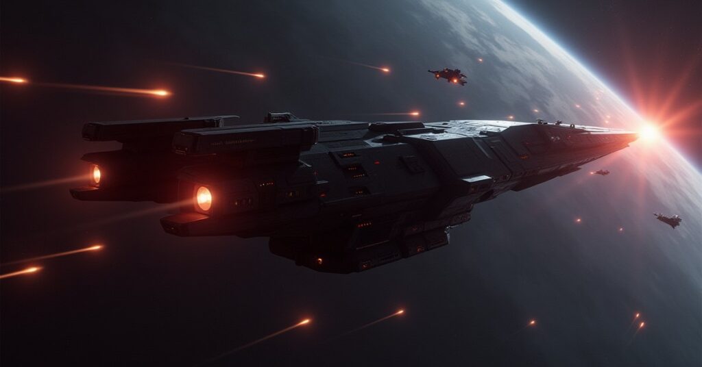 A starship racing to defend an ally from a dark Tal Shiar assassin ship in Star Trek Fleet Command
