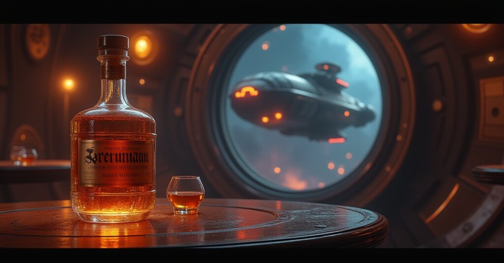 A vintage brandy bottle on a table with an Orion battleship outside the window in Star Trek Fleet Command