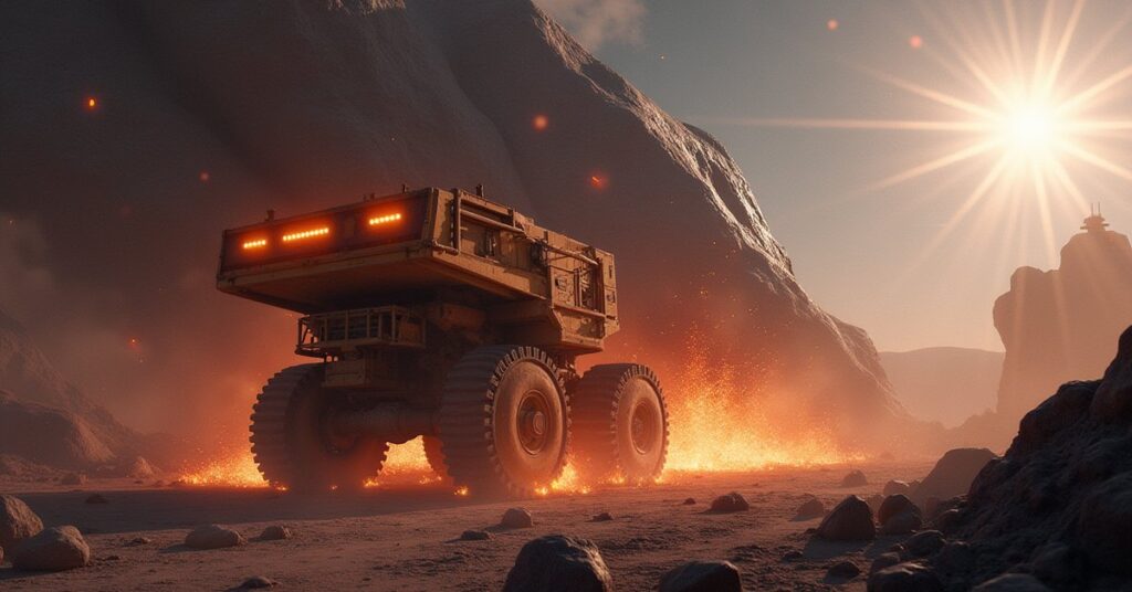 A mining ship extracting glowing ore from a huge asteroid near an outpost in Star Trek Fleet Command
