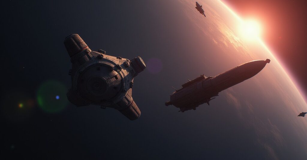 A small starship finding a missing damaged vessel near a planet in Star Trek Fleet Command