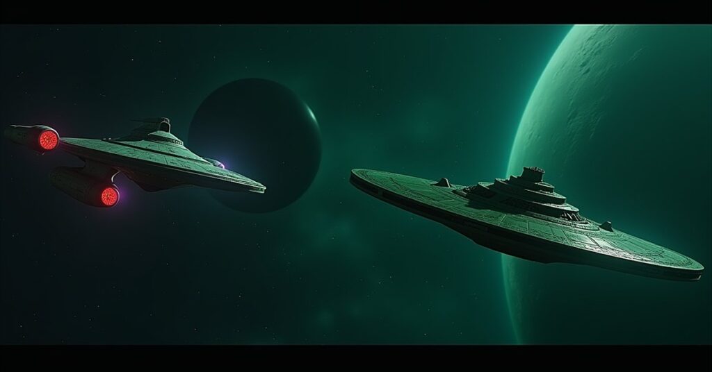 A Federation ship facing a powerful Romulan officer ship near Kiina in Romulan space.
