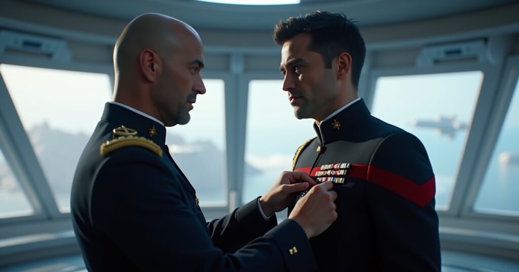 A Starfleet admiral handing service ribbons to a starship captain in Star Trek Fleet Command