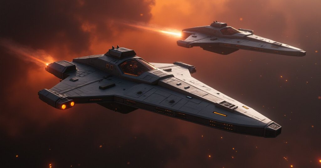 A starship slipping past two Klingon guard ships over a prison world in Star Trek Fleet Command