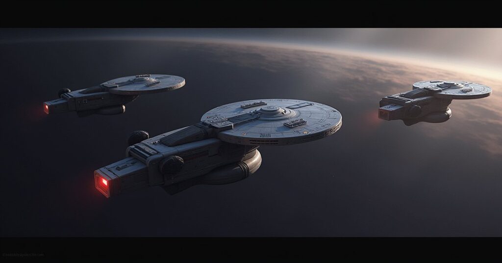 A starship traveling between three faction worlds with flagships in orbit in Star Trek Fleet Command