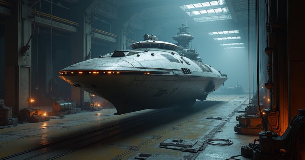 A small explorer ship being upgraded in a station drydock in Star Trek Fleet Command