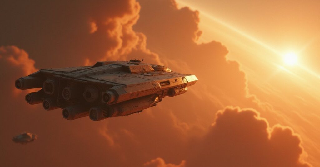 A Gorn ship fleeing over a colony world with a starship in pursuit in Star Trek Fleet Command