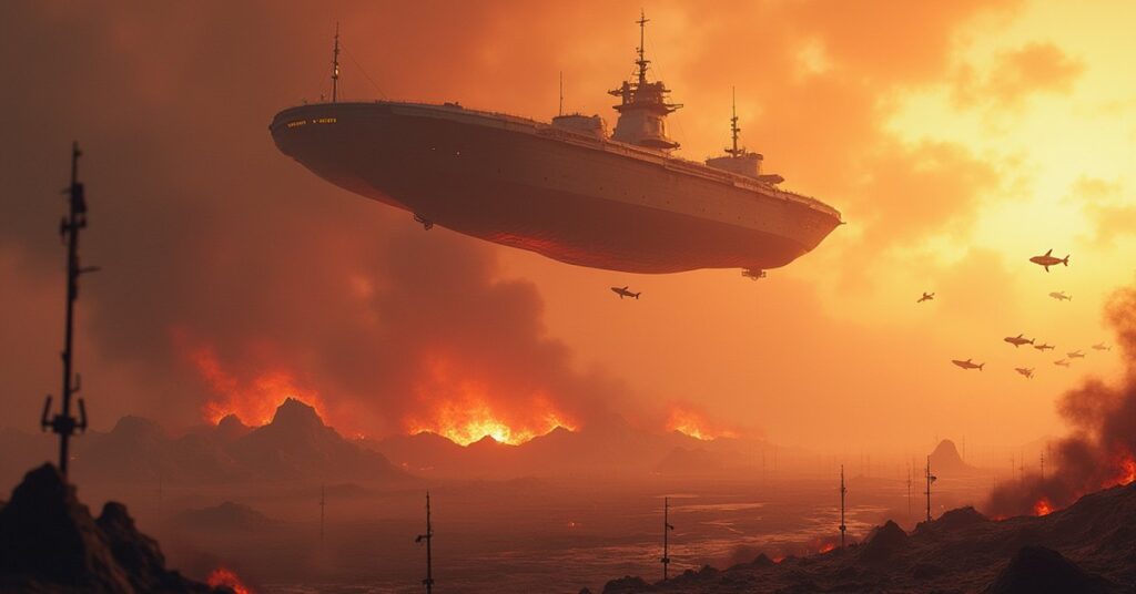 A rescue ship above a scorched planet lifting survivors in Star Trek Fleet Command