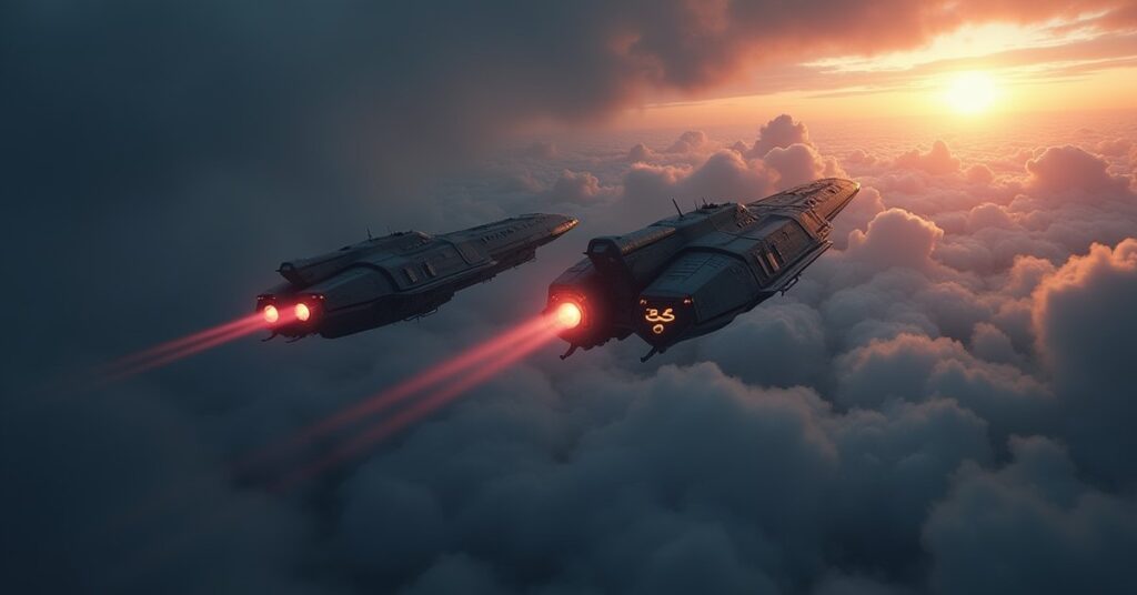 Two starships side by side above a stormy planet at dawn in Star Trek Fleet Command