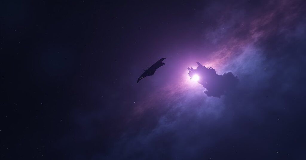 STFC starship approaching an abandoned outpost in the Livi system with a Suliban Hunter nearby