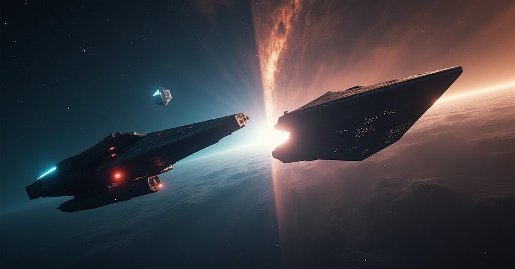 A Federation ship and a Romulan warbird facing off with a Borg cube behind in Star Trek Fleet Command