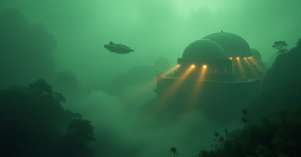 A starship approaching a secret colony research complex on a misty jungle moon in Star Trek Fleet Command