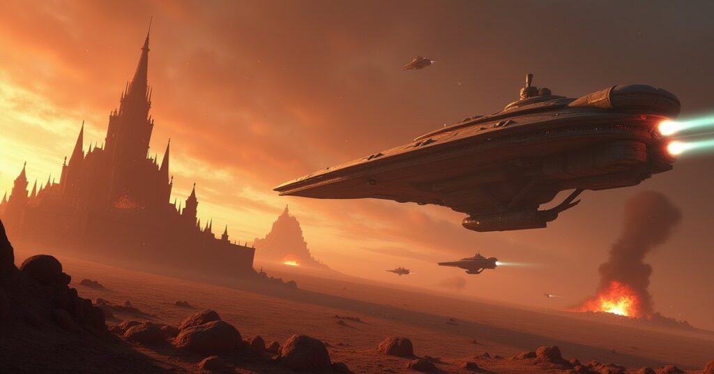 A starship defending a fortified moon base against a Romulan warship in Star Trek Fleet Command