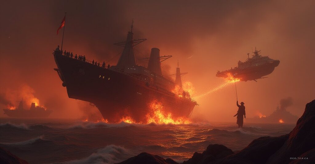 A ship rescuing survivors from a burning wreck as a scavenger circles in Star Trek Fleet Command