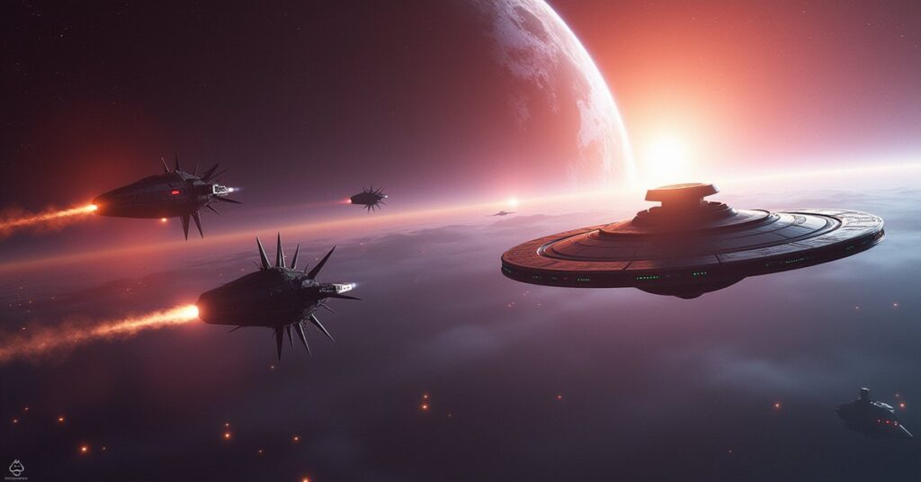 Two Starfleet ships facing hostile alien warships over a divided planet in Star Trek Fleet Command