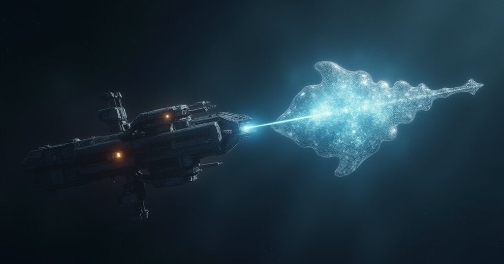 A starship beside a crystalline trader vessel in deep space in Star Trek Fleet Command