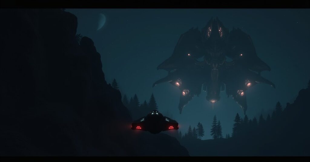A shuttle leaving a shadowy Orion outpost toward a Klingon ship in Star Trek Fleet Command