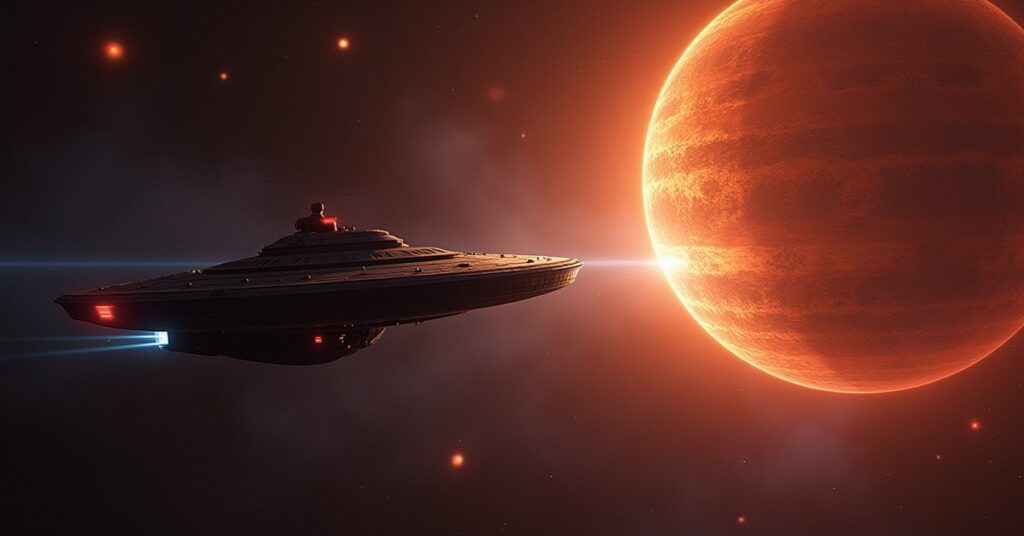 A Federation starship intercepting a Klingon ship near a gas giant with glowing lifeforms in Star Trek Fleet Command