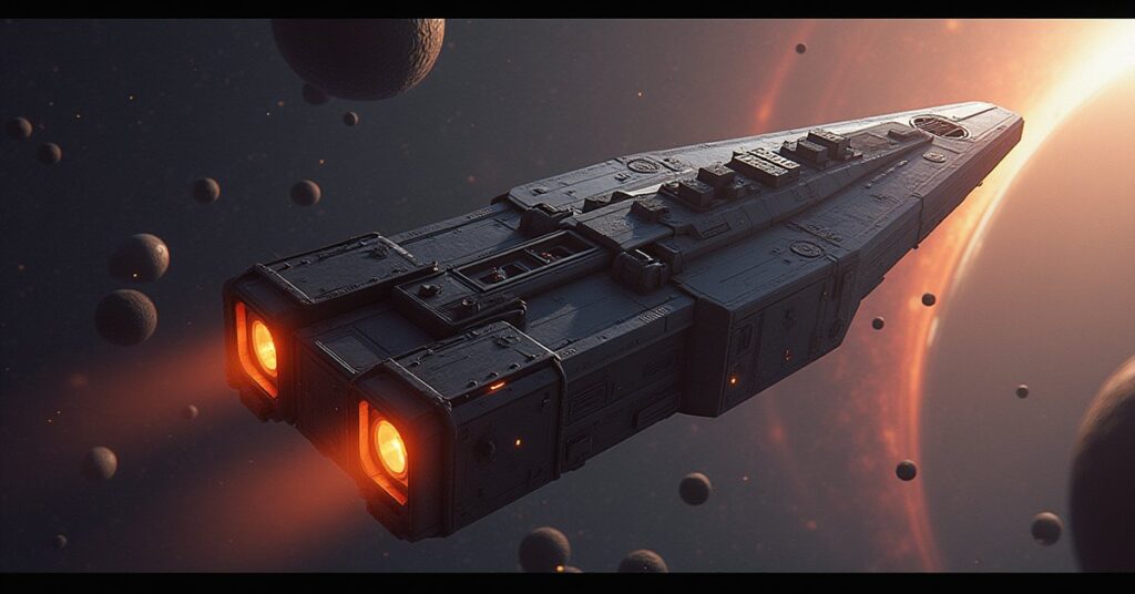 A starship recovering equipment near New Vulcan as a scavenger closes in in Star Trek Fleet Command