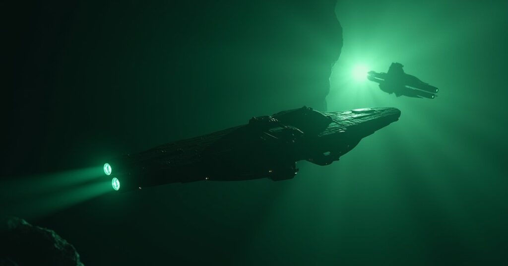 Starship approaching a hidden Orion Syndicate asteroid base as Orion ships patrol and a Starfleet guardship waits