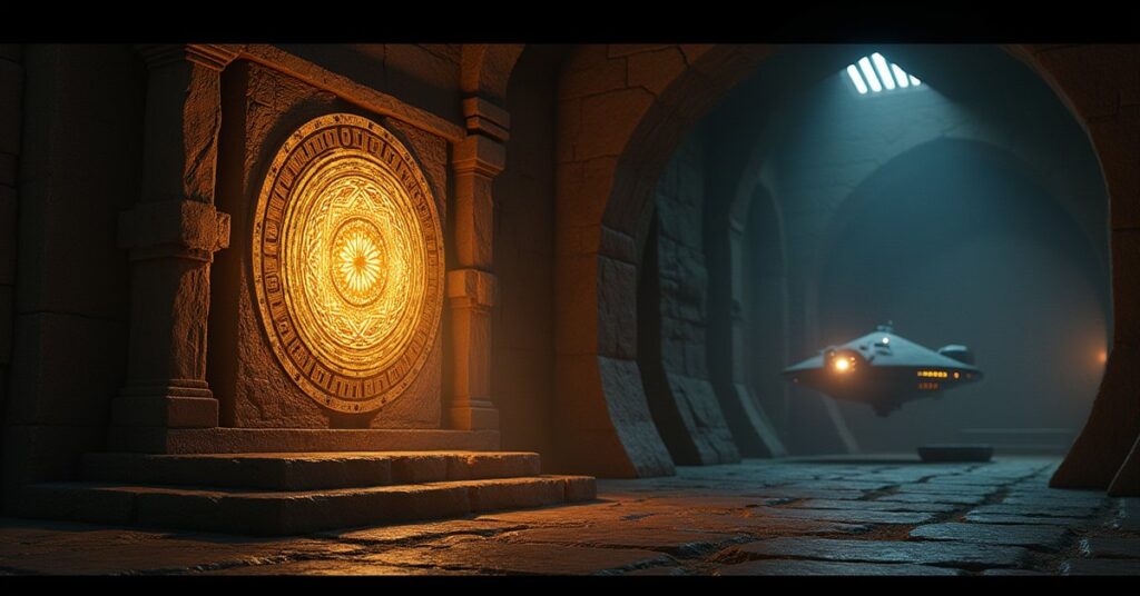 An ancient mosaic relic aboard an ornate alien ship with a Devore warship outside in Star Trek Fleet Command
