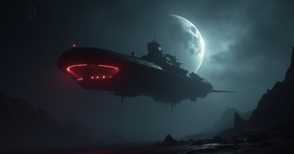 A Reman ship looms over a dark colony as a starship bridge fills with haze in Star Trek Fleet Command