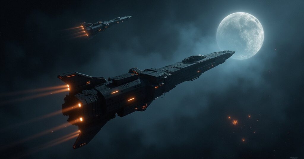 A starship ambushed by warships near a science outpost in Star Trek Fleet Command