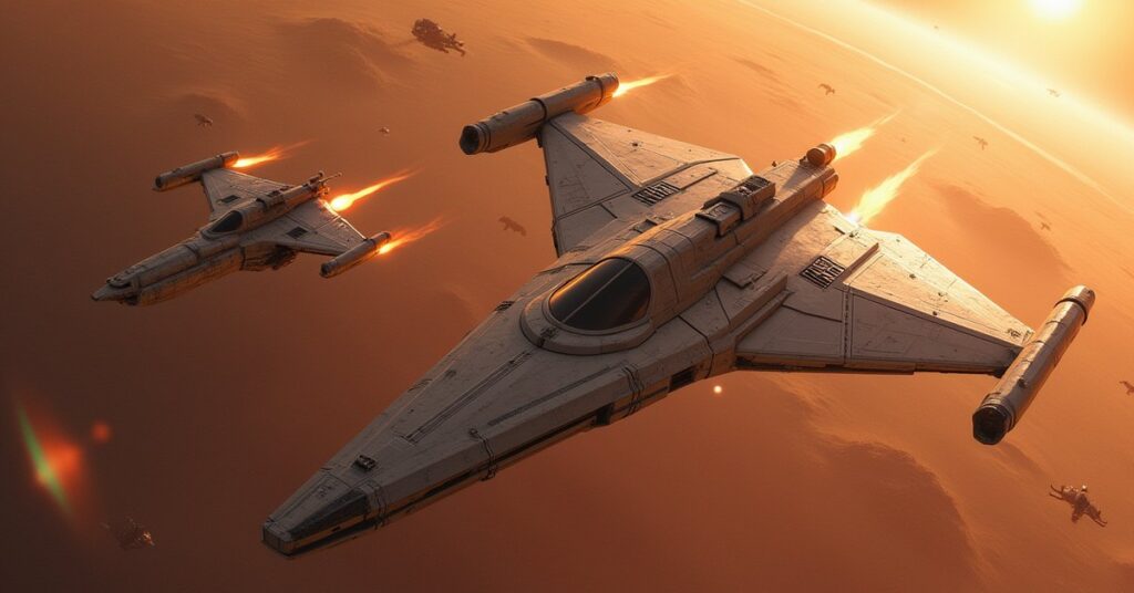 A Federation ship fighting Klingon and Romulan ships above a scarred planet in Star Trek Fleet Command